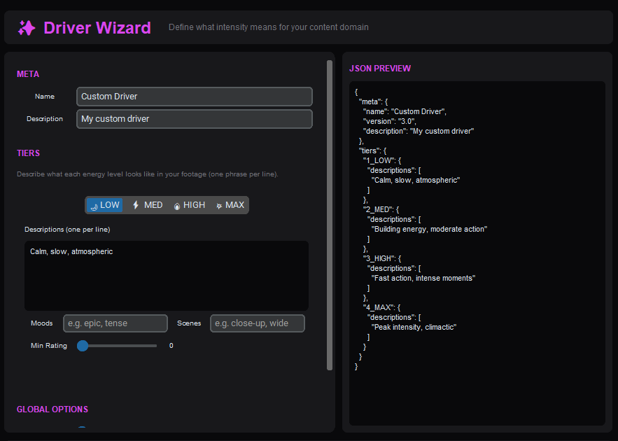The Onset Engine Studio Mode interface featuring text descriptions, the Driver Wizard, and fine-grained NLE controls
